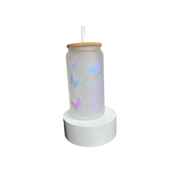 Pink Blue Butterfly and flowers Handmade Libbey Glass Cup - Picture 4 of 5